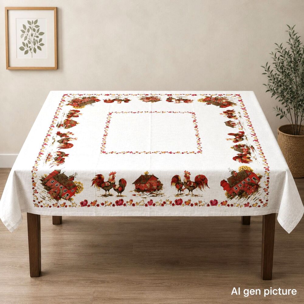 Fairfield Linen Tablecloth  48 x 63” red barn, chickens, Roosters mid mod retro